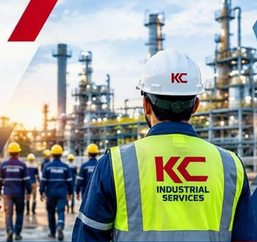 KC Industrial Services team member in a safety vest and helmet at an industrial site